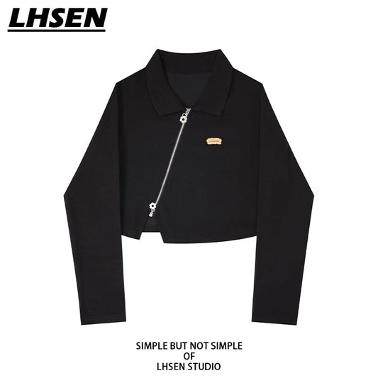 [LHSEN Series]★POLO Shirt★ Tops, Slimming, Stylish, Mini Length, Women's, Black, Black