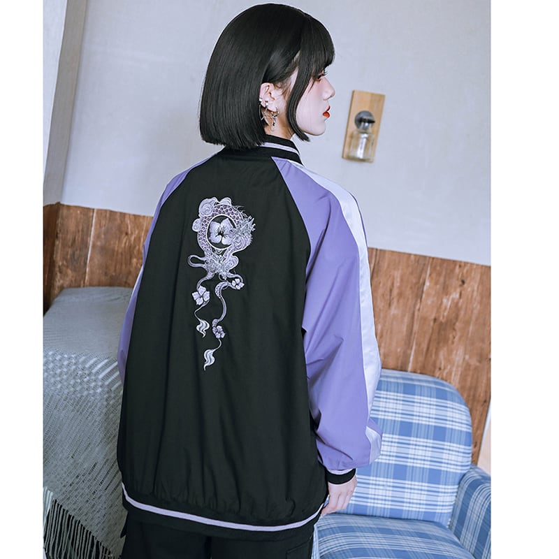 ✿New item! [Old Monster---Tatsuryu Series] ★China style outerwear★ Embroidery stadium jacket Color scheme Black Purple