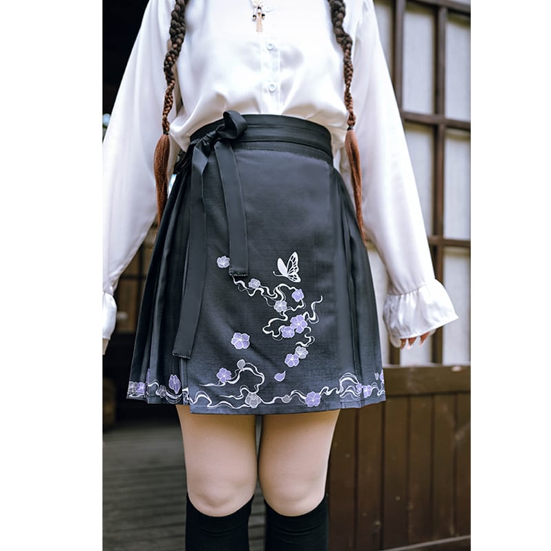 ✿New item! [Ancient monster house --- butterfly series] ★China style skirt★ Maki skirt bottoms short length black black Hanfu skirt