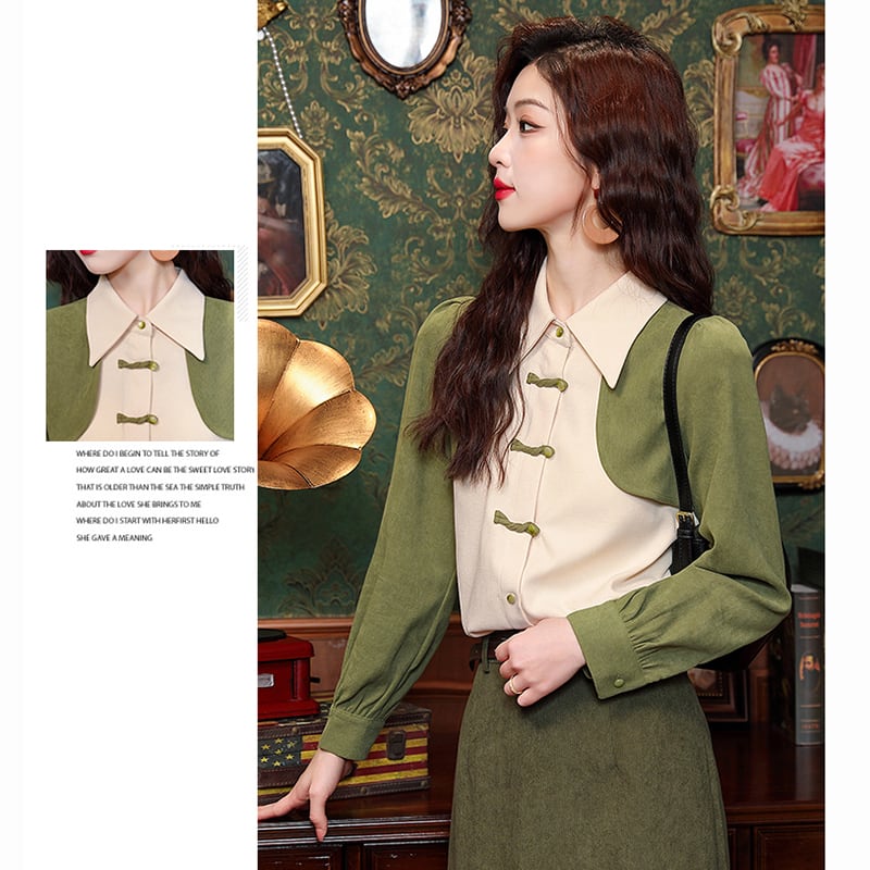 [HQE Series]★China style tops★ Shirt color scheme switching fake layered Chinese button green green