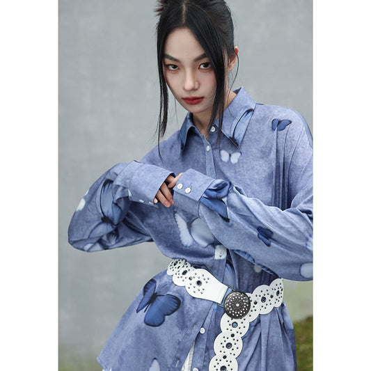 [Big Blue Dragon Series] ★China style tops★ Shirt, long sleeve shirt, butterfly satin blue, blue, cute, unique