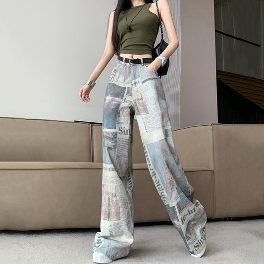 [OURI Series] ★Denim pants★ Trousers Bottoms Casual Easy to match Ladies Retro Print Unique