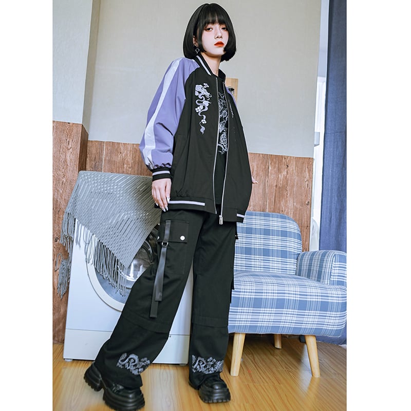 ✿New item! [Old Monster---Tatsuryu Series] ★China style outerwear★ Embroidery stadium jacket Color scheme Black Purple