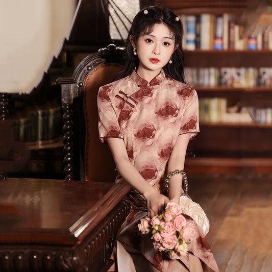 [HLQ Series] ★Chinese Dress★ Chinese-style dress with floral pattern for parties, retro weddings, and a stylish look