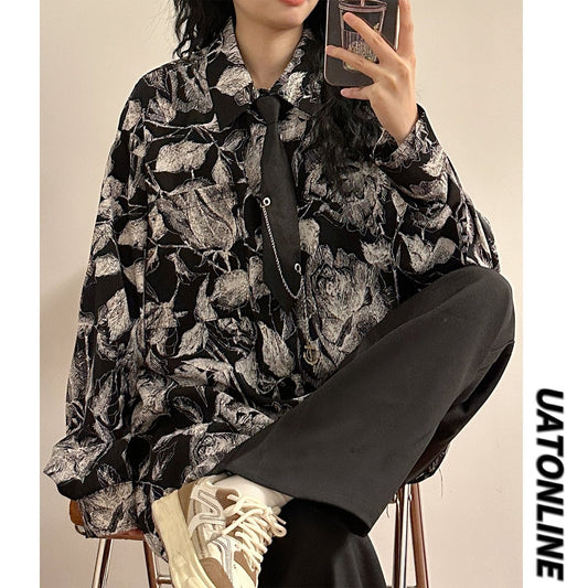 ✿New item! [UATONLINE Series]★Shirt★ 2color Shirt with tie, long sleeve shirt, floral pattern tops, unisex, men's print, ink pattern