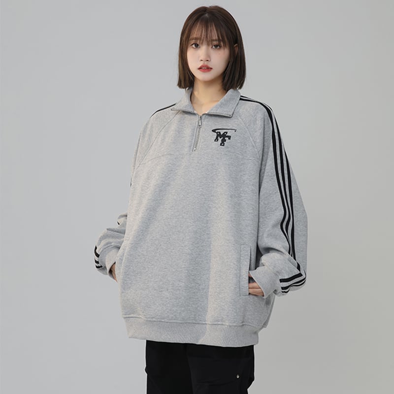 [Fujiiman series] ★Tops★ 3color sweatshirt POLO neck unisex men's vertical striped striped pattern gray white black