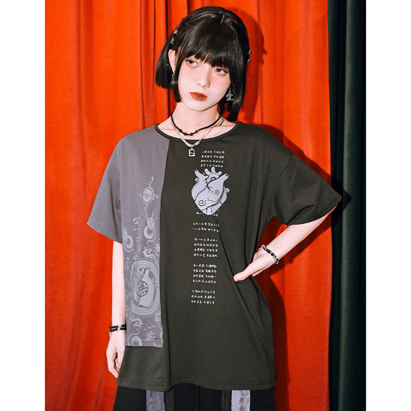 【古怪舍---清心訣シリーズ】チャイナ風トップス 半袖 Tシャツ 個性的 オリジナル 配色 コットン 黒 灰