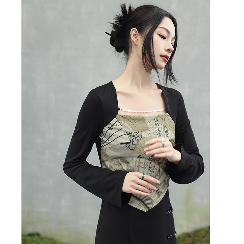 [Big Blue Dragon Series] ★China style dress★ Fake layered letter pattern slimming change black black