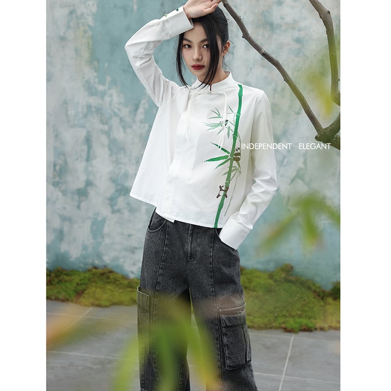 [Da Qinglong Shu Series] ★Chinese style tops★ Shirt, long sleeve shirt, bamboo panda print, white, white