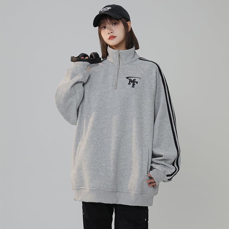 [Fujiiman series] ★Tops★ 3color sweatshirt POLO neck unisex men's vertical striped striped pattern gray white black