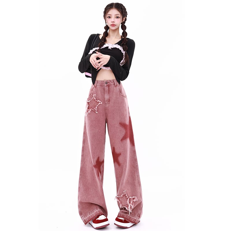 [MJWSL Series]★Denim Pants★Bottoms Trousers Gaucho Pants Women's Stylish Star Pattern