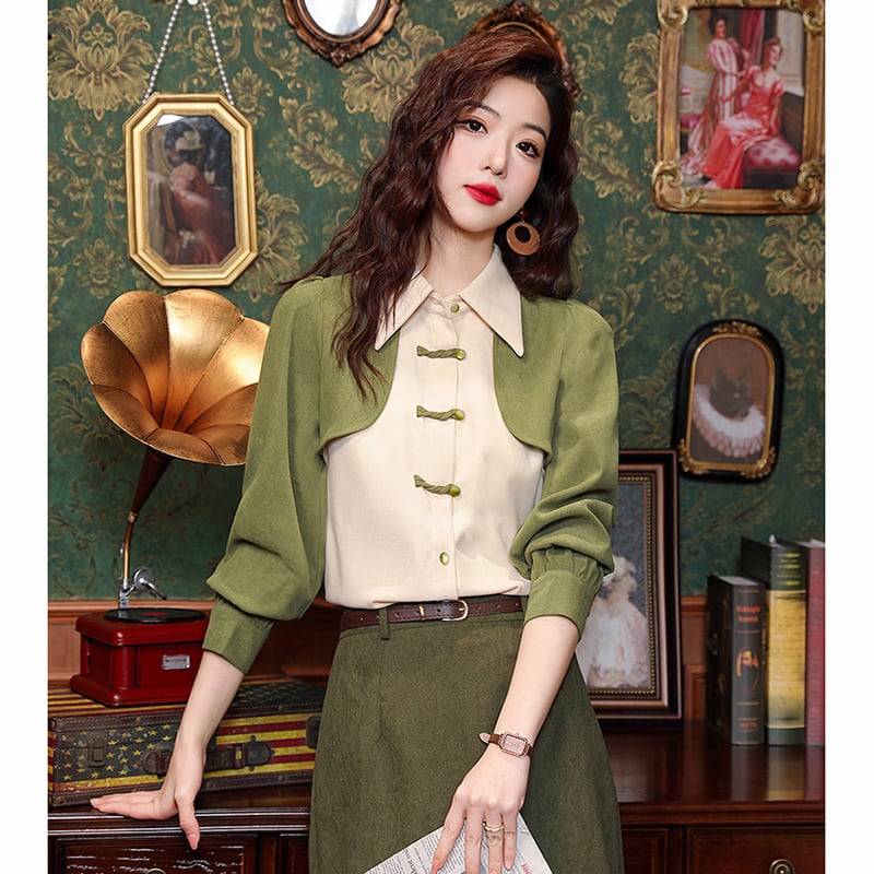 [HQE Series]★China style tops★ Shirt color scheme switching fake layered Chinese button green green