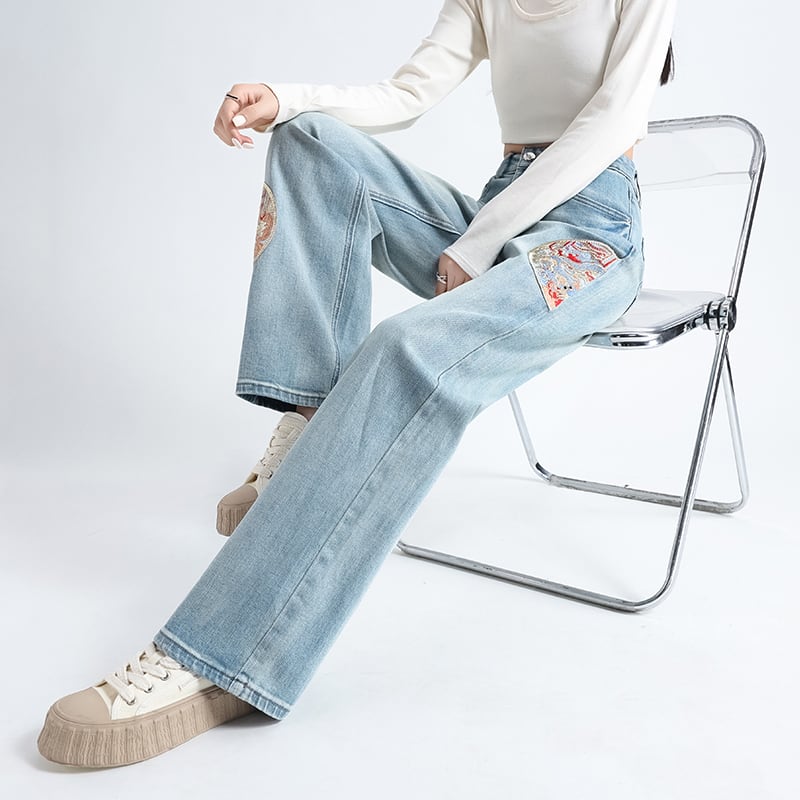 [KUDOU Series]★China style trousers★ 2color embroidery bottoms denim pants ladies fashion jeans