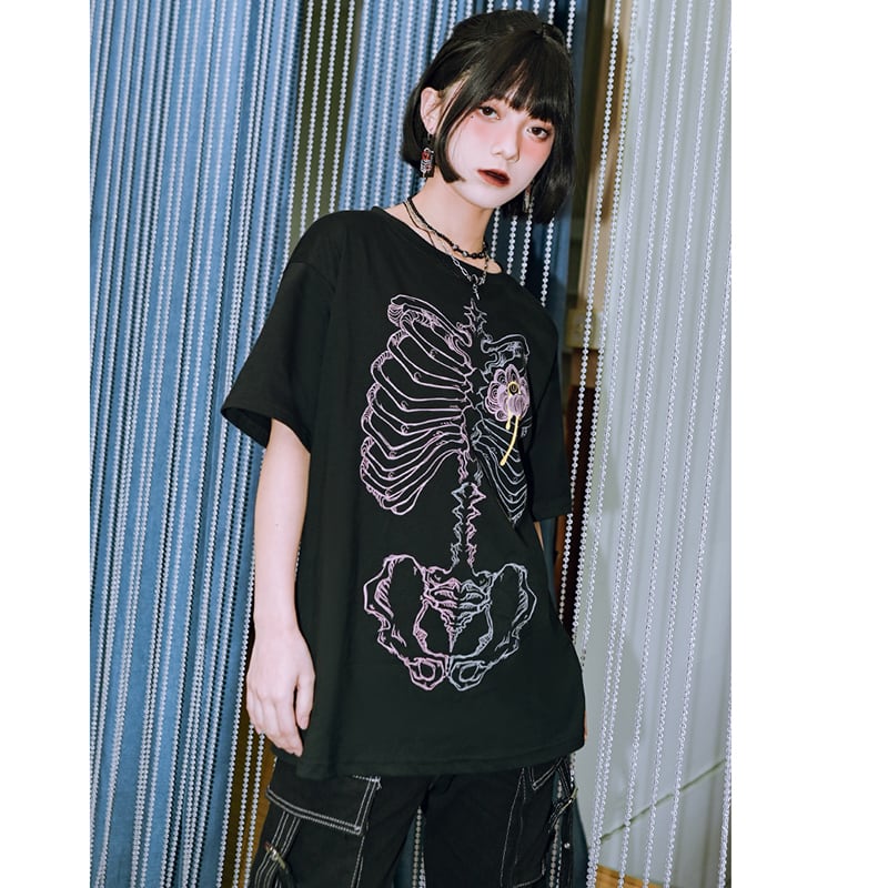 【古怪舍---花骨シリーズ】★チャイナ風トップス★ 2color 半袖 Tシャツ プリント 個性的 オリジナル ブラック ピンク