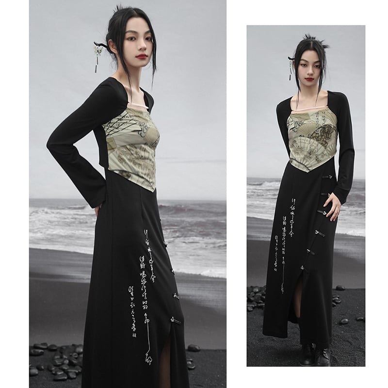 [Big Blue Dragon Series] ★China style dress★ Fake layered letter pattern slimming change black black