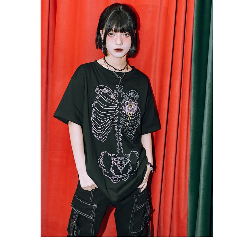 [Kokaisha---Flower Bone Series] ★Chinese-style tops★ 2color short-sleeved T-shirt printed unique original black pink