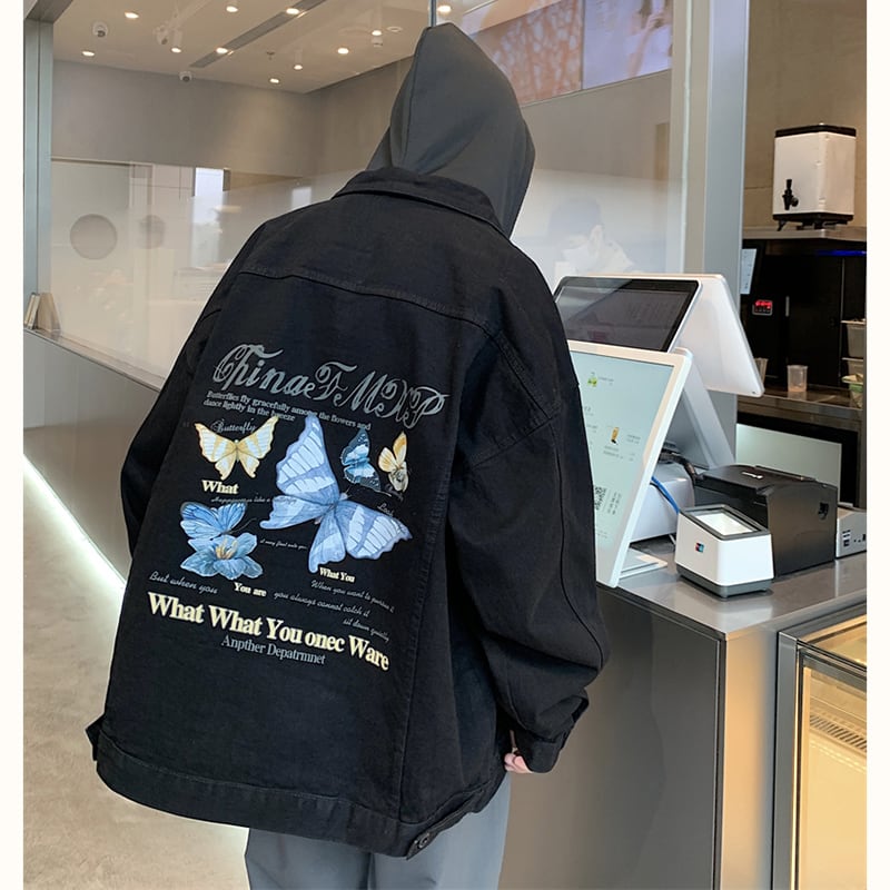 [V37 series]★Jacket★ 3color outerwear unisex men's denim jacket jeans butterfly print blue black