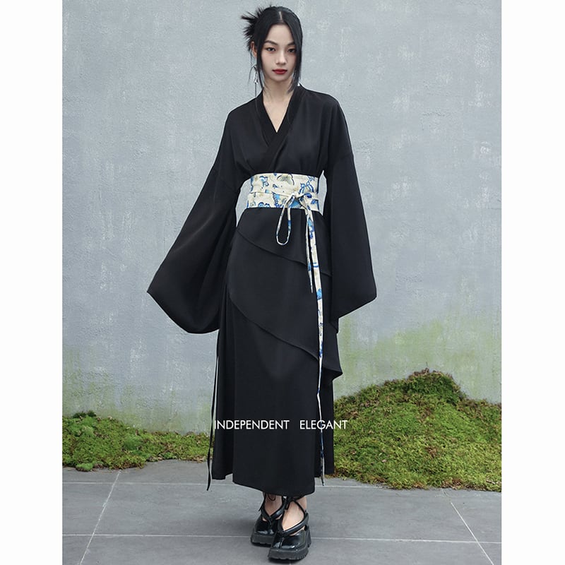 ✿New item! [Da Qinglong Shu Series]★Chinese style dress★ Belted dress Hanfu dress V neck long length Black Black