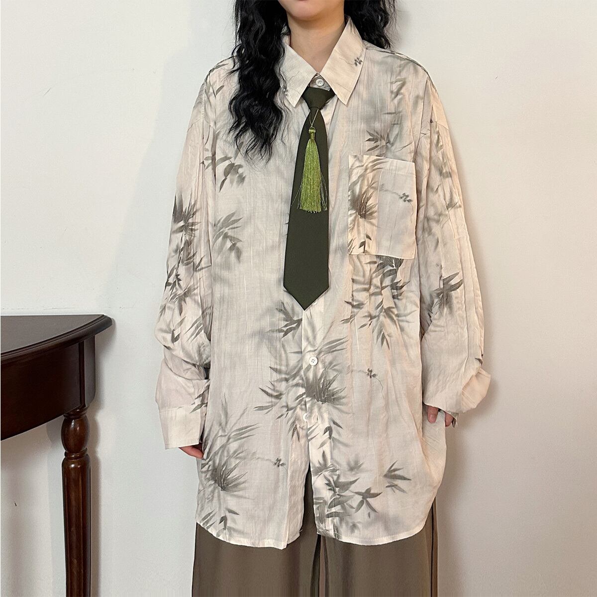 ✿New item! [UATONLINE series] ★China style shirt★ 2color shirt with tie, long sleeve shirt, tops, unisex, men's bamboo