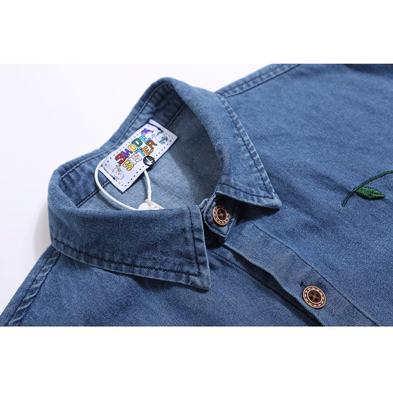 [WUSUOBZ Series] ★Shirt★ Denim shirt top short sleeve embroidery unisex men women cartoon