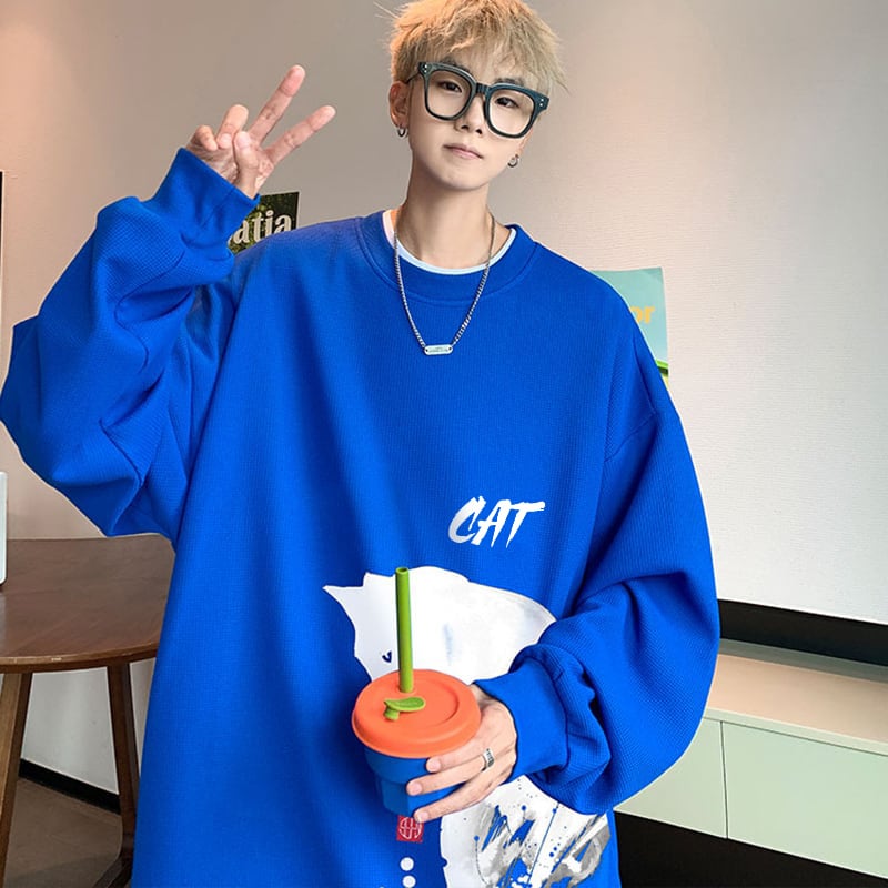 [WUSHE Series] ★Tops★ 4color long sleeve tops sweatshirt unisex men's large size cat cat cat black white gray blue