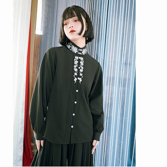 ✿New item! [Old Monster---Tatsuron Series] ★China style shirt★ 2color embroidery tops long sleeve shirt original cute black white