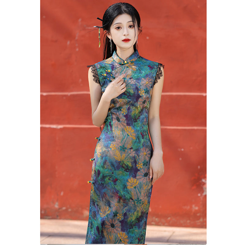 [HLQ Series] ★Chinese Dress★ Chinese-style dress, floral pattern, retro, Republic of China style, long length, switching, slimming