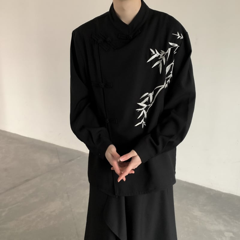 [Illustrated series] ★China style shirt★ Tops Bamboo embroidery Unisex Men's Black Cool