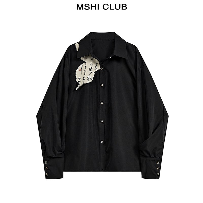 [MSHI CLUB Series] ★Chinese style tops★ Shirt Letter pattern switching Long sleeve shirt Black Black