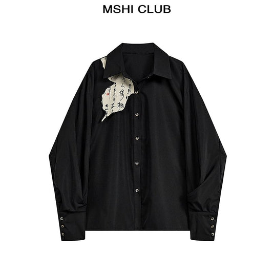 [MSHI CLUB Series] ★Chinese style tops★ Shirt Letter pattern switching Long sleeve shirt Black Black