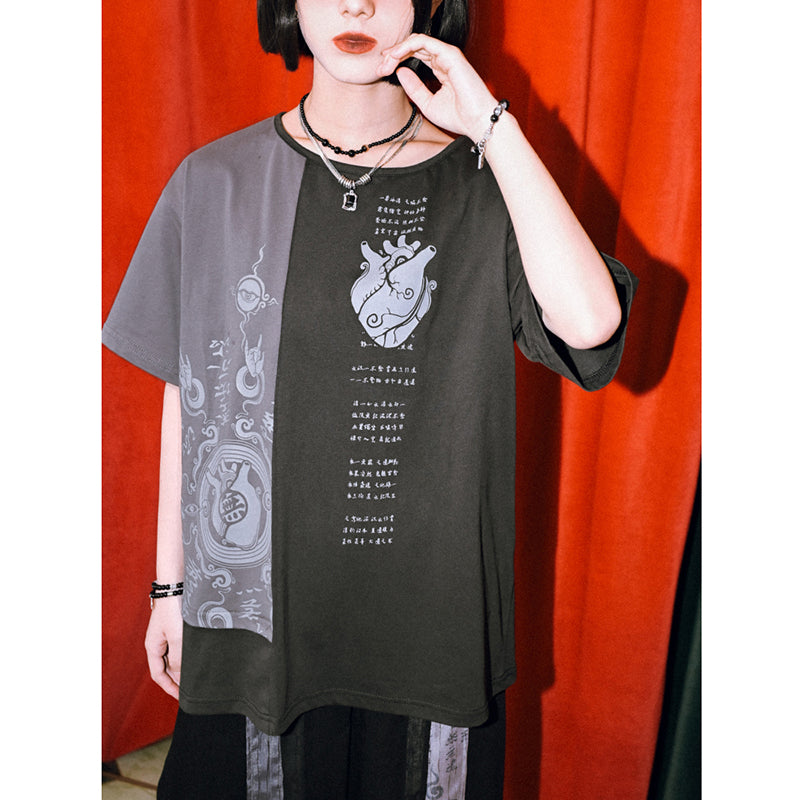 [Kogaisha---Peace Series] Chinese-style tops, short-sleeved T-shirts, unique, original color scheme, cotton, black, gray