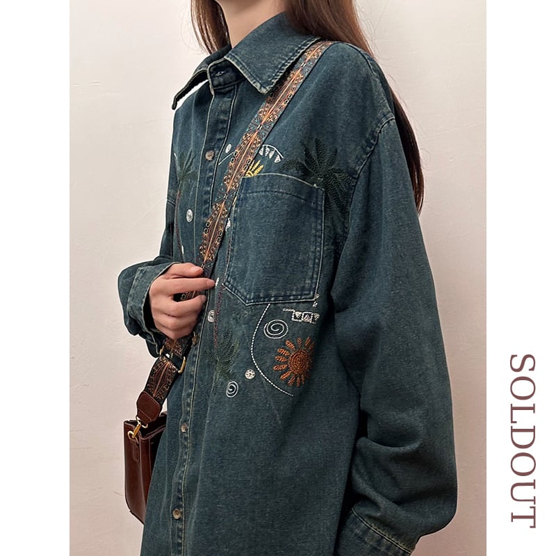 ✿New item! [SOLDOUT Series]★Shirt★ Embroidery long sleeve shirt tops denim shirt unisex men's casual