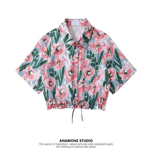 [ANAMONE STUDIO Series] ★Floral shirt★ Tops Short sleeve shirt SML Short length Women's Summer clothes Cool Aloha shirt