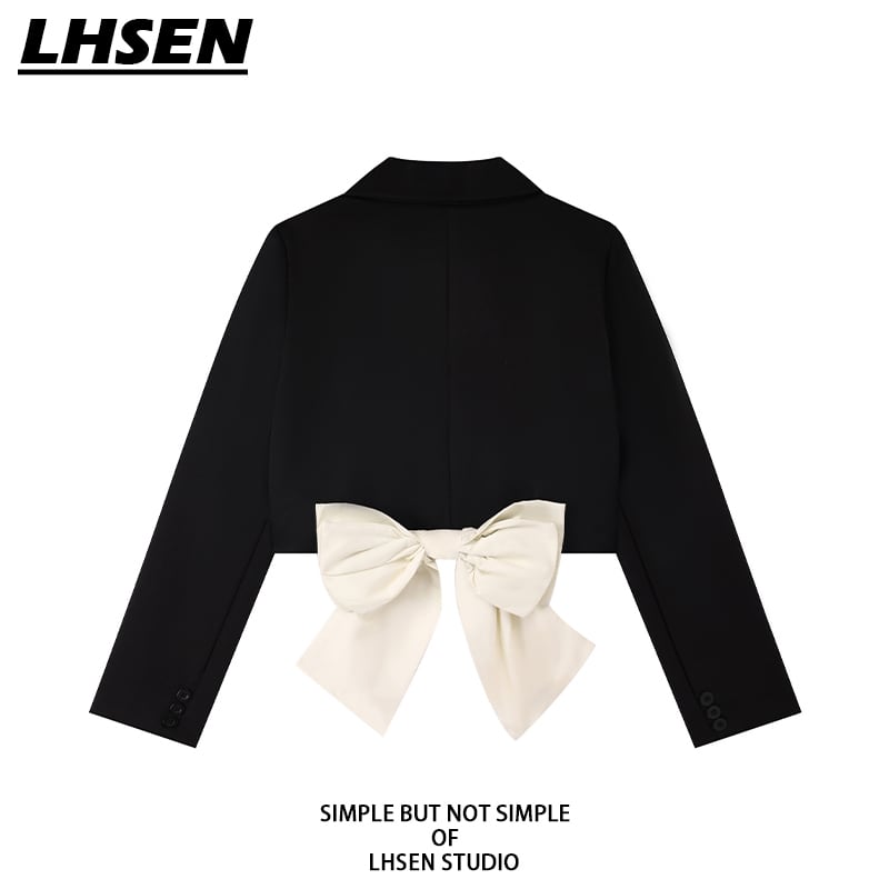 [LHSEN Series] ★Outer★ Blazer Jacket Short Length Ribbon Color Scheme Easy to Match Black Black