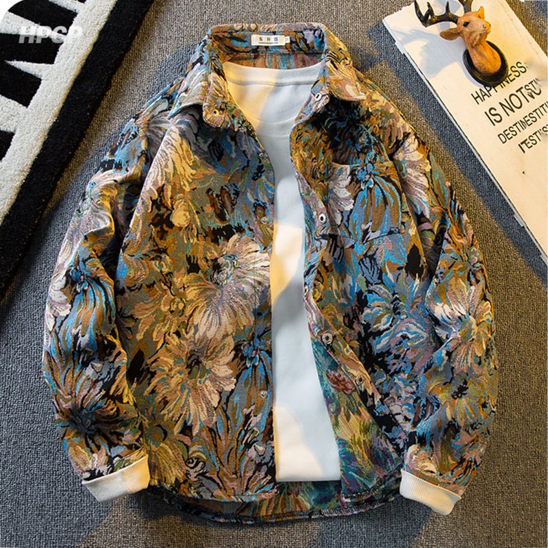 [HPCP Series]★Shirt★ Tops Unisex Men's Casual Oil Painting Style Floral Pattern Shirt Shirt Outerwear