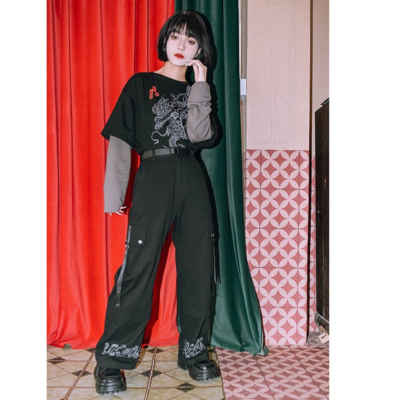 ✿New item! [Kokaisha --- Cloudflip Series] ★China style trousers★ Bottoms Casual pants Switching Black Black