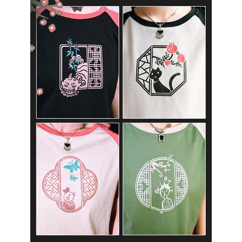 [Kogaesha---House God Series] ★Chinese-style tops★ 4color short-sleeved T-shirts, unique color scheme, cotton, short length, cat