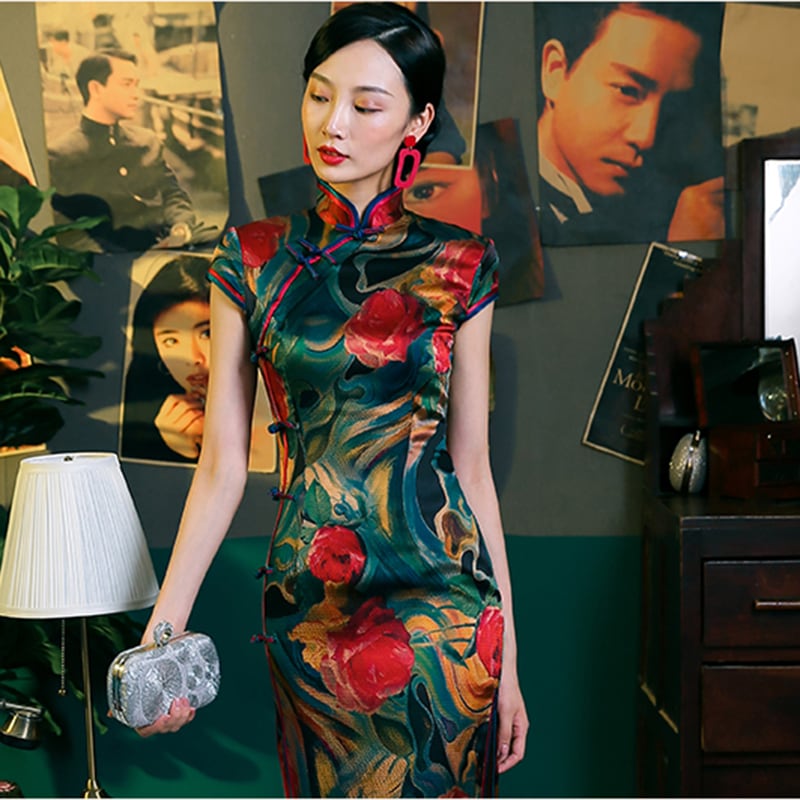 [MISS.F Series] ★Cheongsam Dress★ Silk Temperament Enhancement Chinese Style Dress Women's Party Wedding Floral Pattern