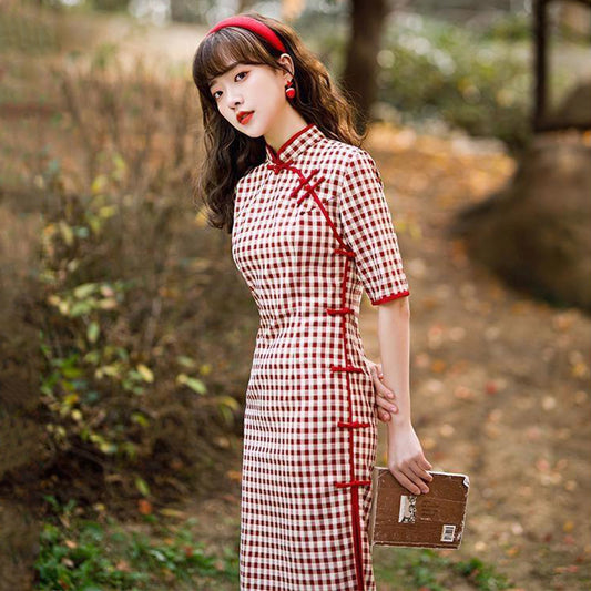 [JIUSI Series] Chinese dress, Chinese-style dress, checkered pattern, slimming, red, for dates and weddings