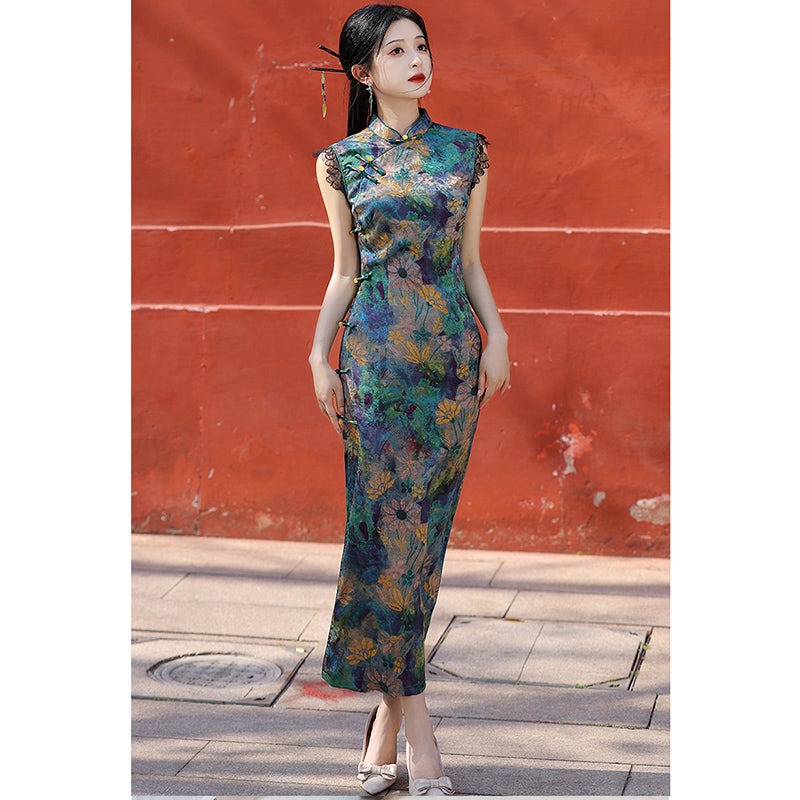 [HLQ Series] ★Chinese Dress★ Chinese-style dress, floral pattern, retro, Republic of China style, long length, switching, slimming