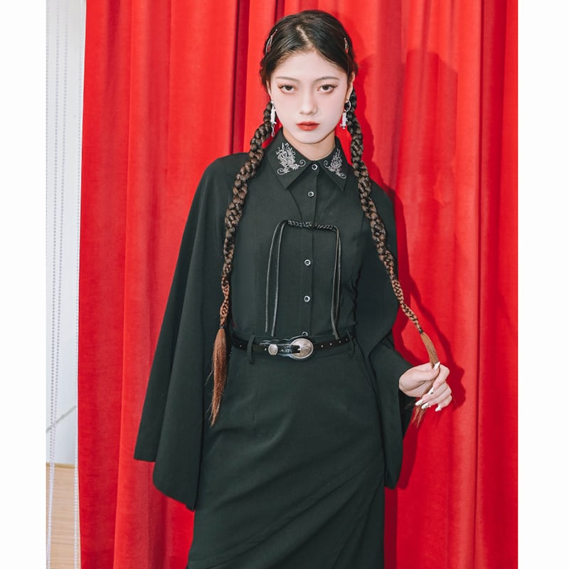 ✿New item! [Ancient Monster --- Cloudflip Series] ★Chinese style shirt★ Embroidery tops long sleeve shirt Original Hanfu shirt Black Black