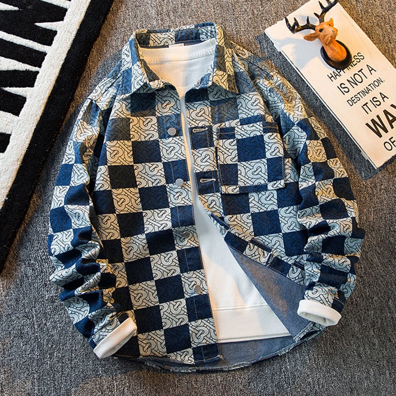 [HPCP Series]★Jacket★ Outerwear Unisex Men's Casual Plaid Pattern Blue Blue