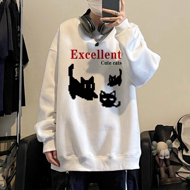 [XIHA Series] ★Tops★ 8color Sweatshirt Unisex Men's Large Size Cat Cat Blue White Black Gray Red Green