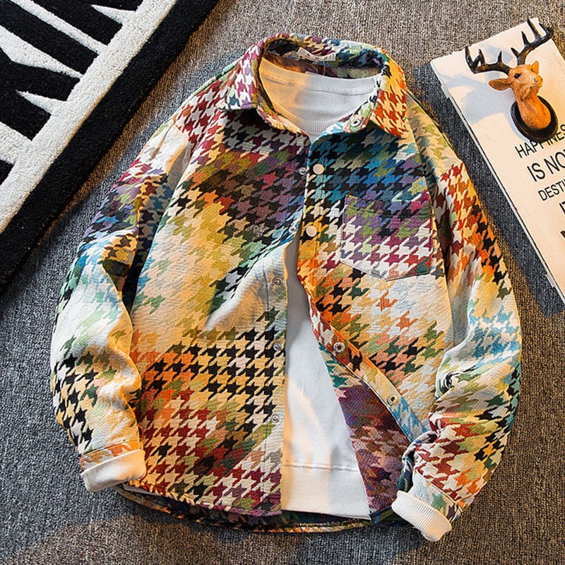 [HPCP Series]★Shirt★ Tops Oil Painting Style Unisex Men's Casual Houndstooth Gradation