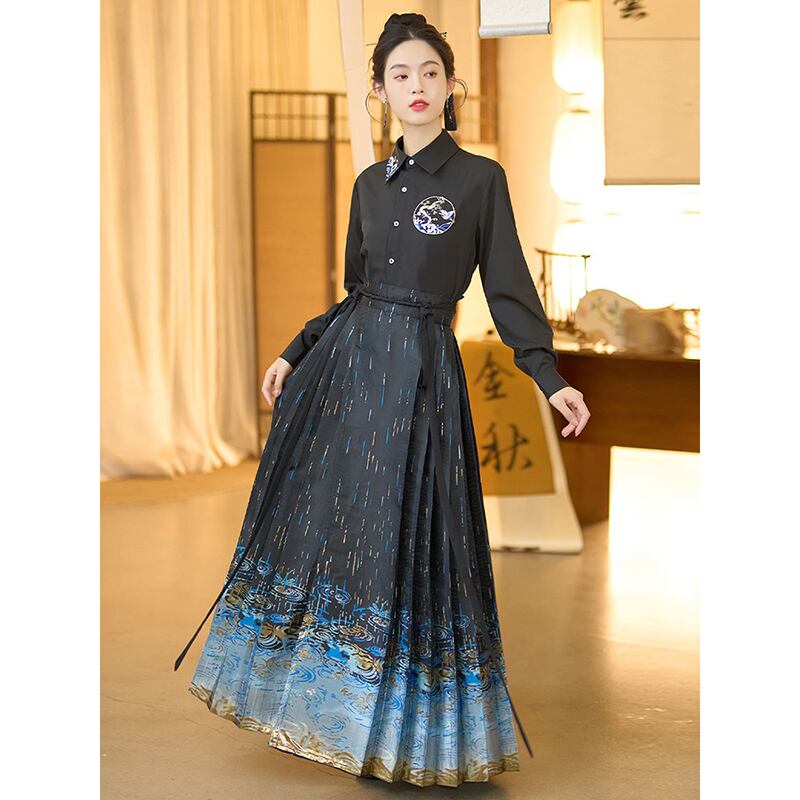 [BAIRIMENG Series] ★Chinese style skirt★ Bottoms Pleated skirt Hanfu skirt Chinese clothing Black Black