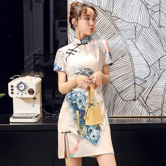 [HONGSHE Series] ★Chinese Dress★ Chinese-style dress, short length, fan pattern, cute, date