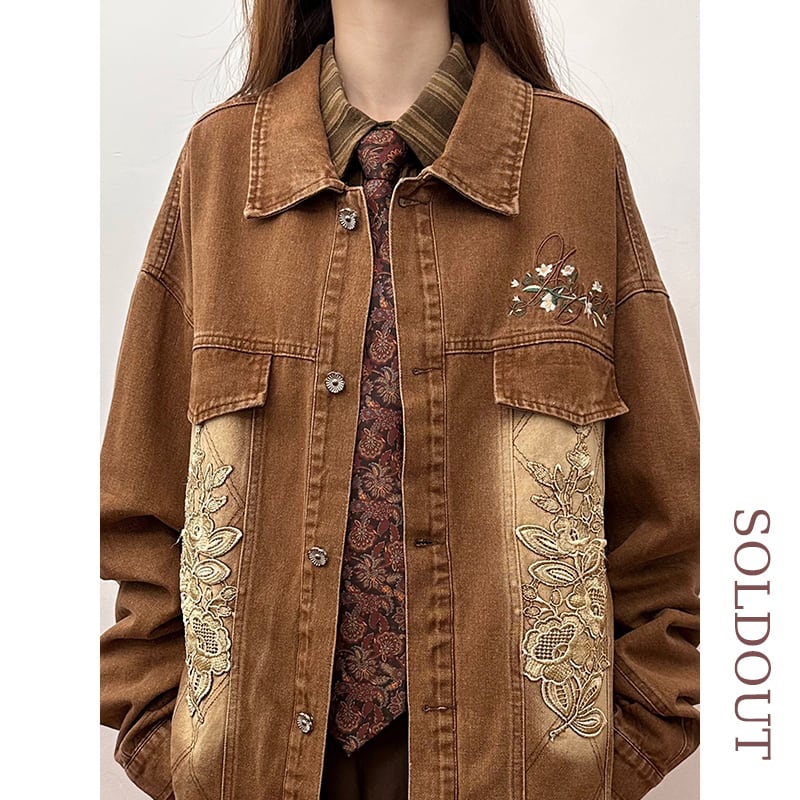 ✿New item! [SOLDOUT Series]★Denim Jacket★ Embroidery Floral Pattern Outerwear Switching Unisex Men's Design Retro Brown