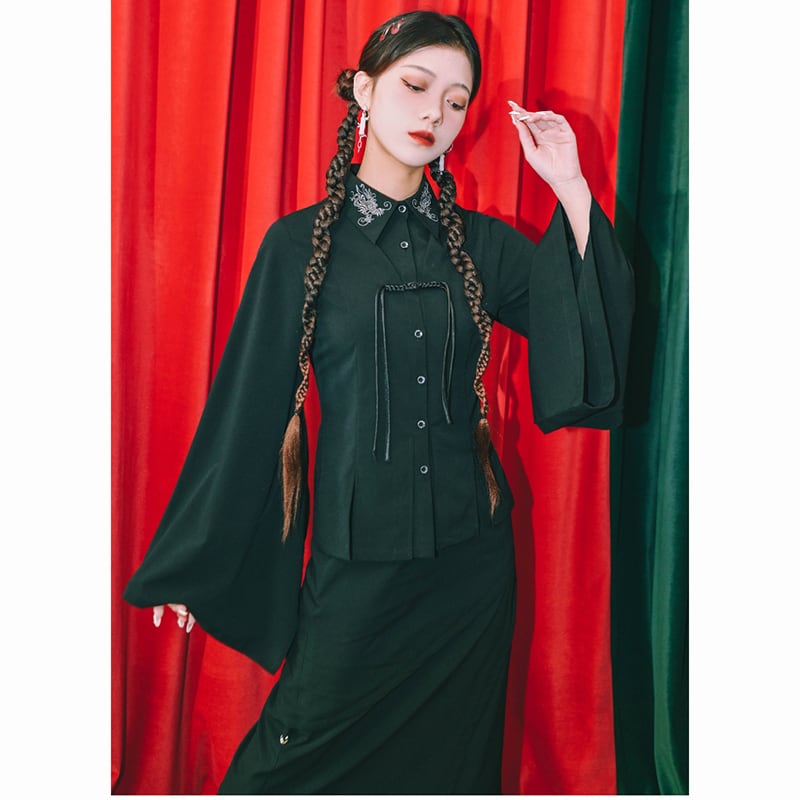 ✿New item! [Ancient Monster --- Cloudflip Series] ★Chinese style shirt★ Embroidery tops long sleeve shirt Original Hanfu shirt Black Black