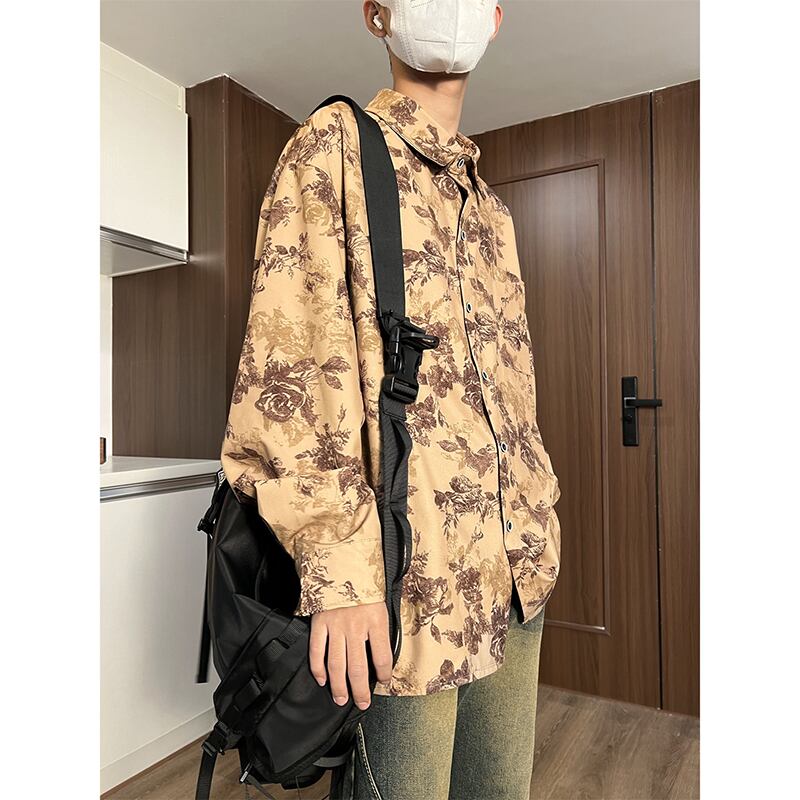 [HUICHUN Series]★Shirt★ 2color Tops Unisex Men's Retro Floral Shirt Long Sleeve Shirt Green Brown