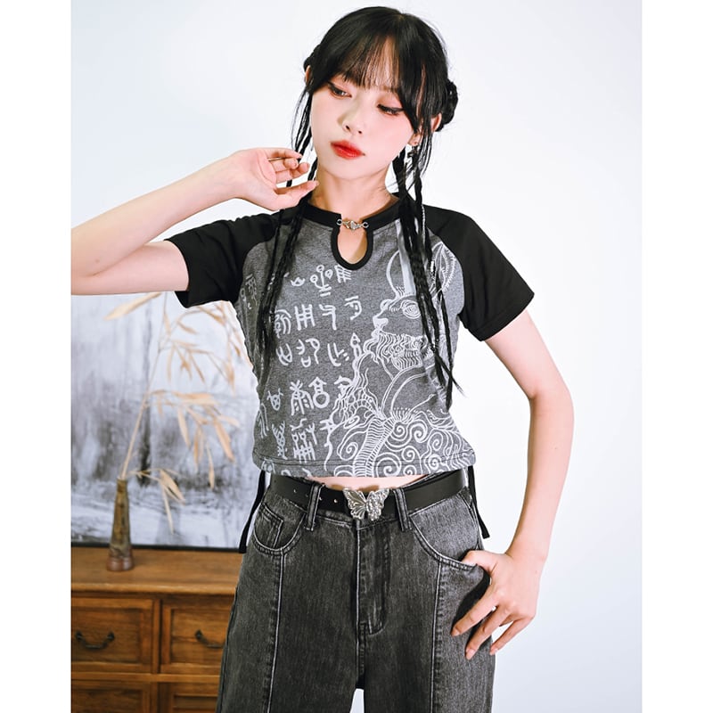 [Ancient Mystery---Cloud Dreams and the Simple Series] ★Chinese-style T-shirt★ Short-sleeved top, mini length, slim, original cotton, slimming